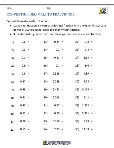 Converting Decimals Into Fractions Worksheet